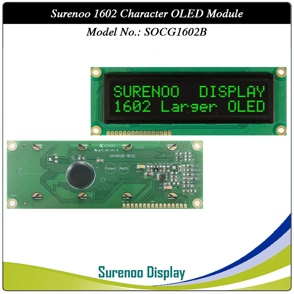 Surenoo OLED Module SOC1602B Outline=122.00X44.00MM Compatible Standard 1602 16*02 16X02 Character LCD Module Display Screen Panel 6800 4/8-bit Parallel Serial SPI IIC I2C PCF8574T WS0010 Controller