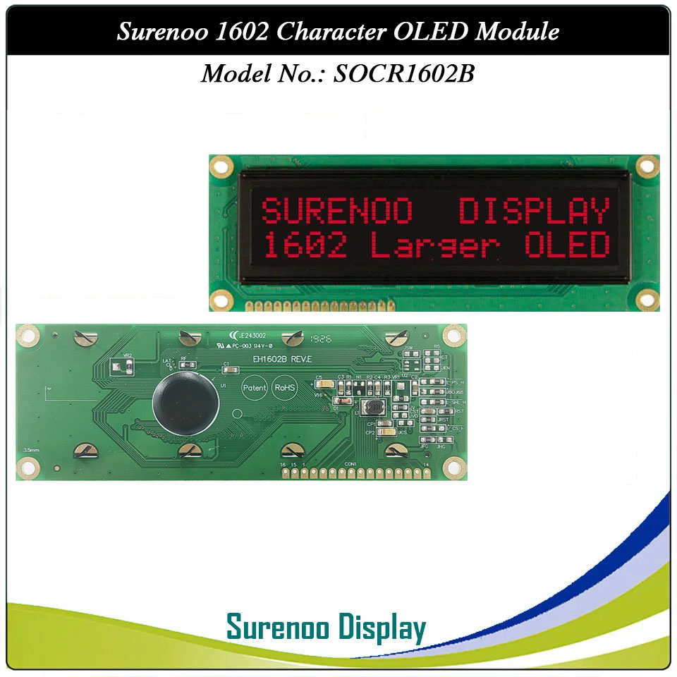 Surenoo OLED Module SOC1602B Outline=122.00X44.00MM Compatible Standard 1602 16*02 16X02 Character LCD Module Display Screen Panel 6800 4/8-bit Parallel Serial SPI IIC I2C PCF8574T WS0010 Controller