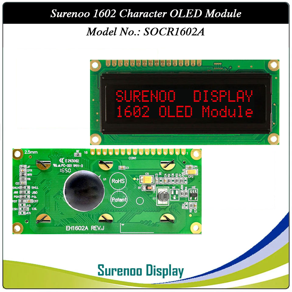 Surenoo OLED Module SOC1602A Outline=80.00X36.00MM Compatible Standard 1602 16*02 16X02 Character LCD Module Display Screen Panel 6800 4/8-bit Parallel Serial SPI IIC I2C PCF8574T WS0010 Controller