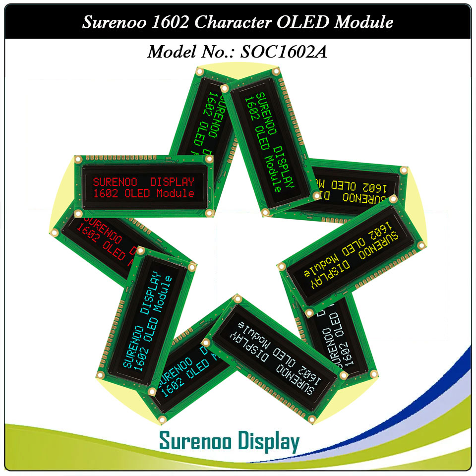 Surenoo OLED Module SOC1602A Outline=80.00X36.00MM Compatible Standard 1602 16*02 16X02 Character LCD Module Display Screen Panel 6800 4/8-bit Parallel Serial SPI IIC I2C PCF8574T WS0010 Controller