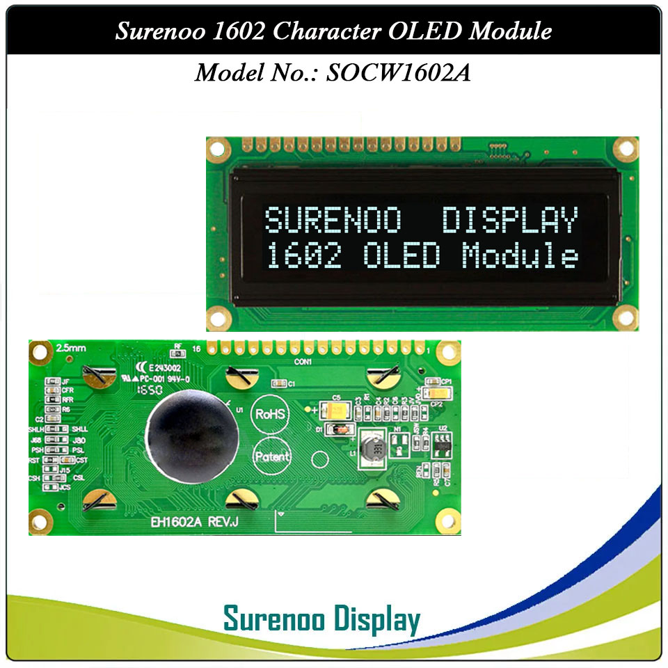 Surenoo OLED Module SOC1602A Outline=80.00X36.00MM Compatible Standard 1602 16*02 16X02 Character LCD Module Display Screen Panel 6800 4/8-bit Parallel Serial SPI IIC I2C PCF8574T WS0010 Controller