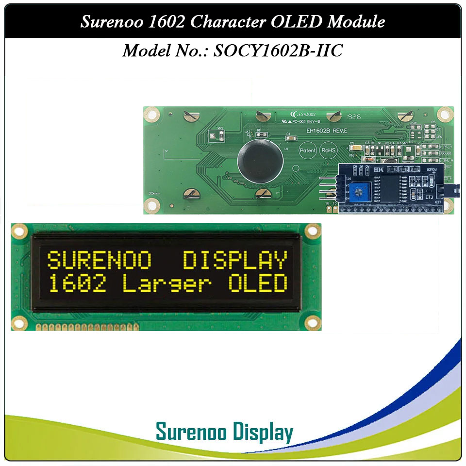 Surenoo OLED Module SOC1602B Outline=122.00X44.00MM Compatible Standard 1602 16*02 16X02 Character LCD Module Display Screen Panel 6800 4/8-bit Parallel Serial SPI IIC I2C PCF8574T WS0010 Controller