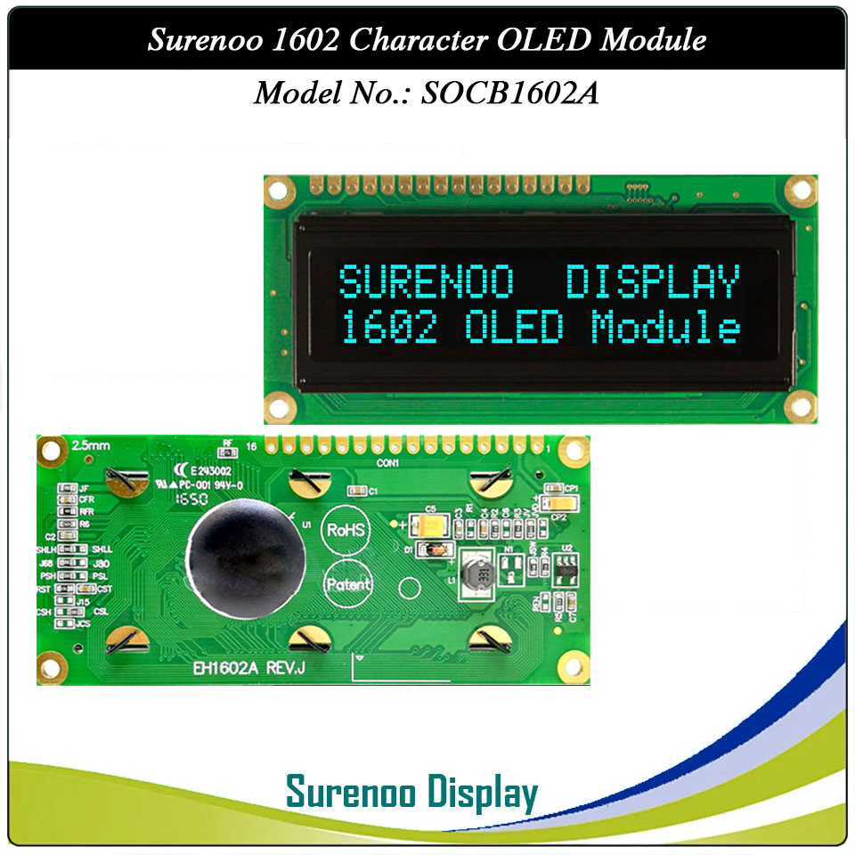 Surenoo OLED Module SOC1602A Outline=80.00X36.00MM Compatible Standard 1602 16*02 16X02 Character LCD Module Display Screen Panel 6800 4/8-bit Parallel Serial SPI IIC I2C PCF8574T WS0010 Controller