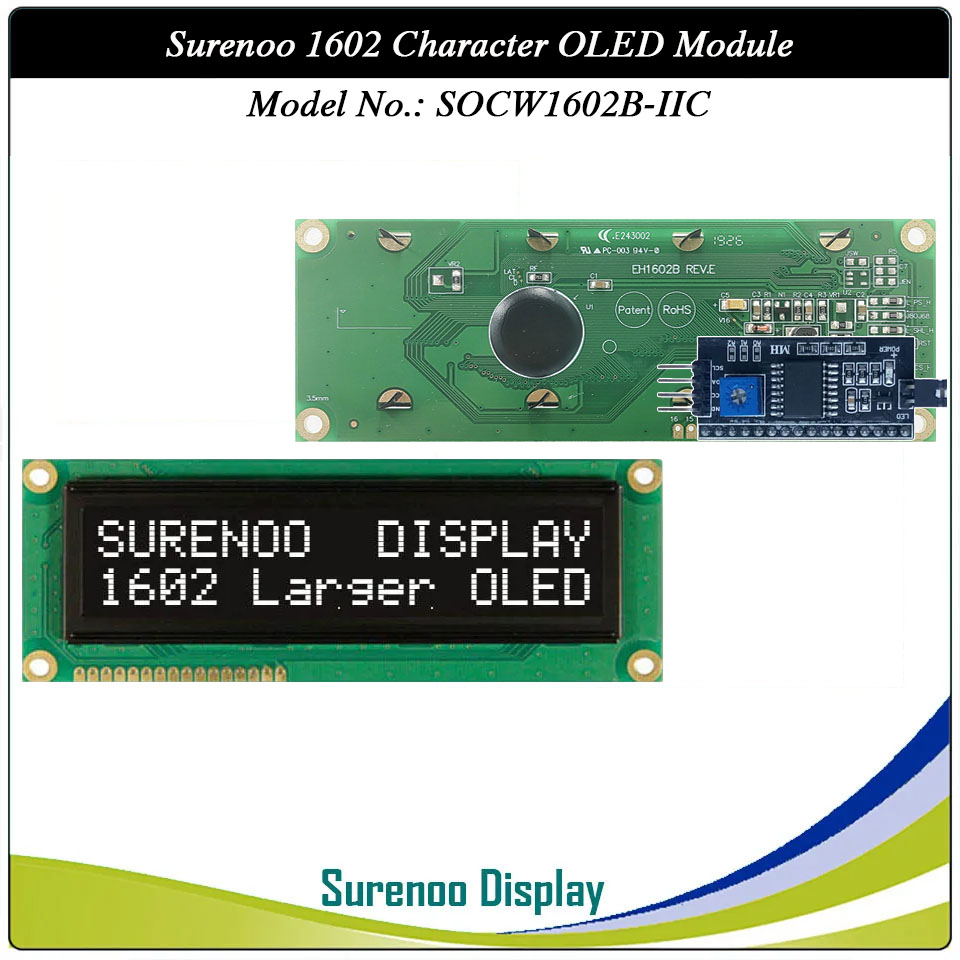 Surenoo OLED Module SOC1602B Outline=122.00X44.00MM Compatible Standard 1602 16*02 16X02 Character LCD Module Display Screen Panel 6800 4/8-bit Parallel Serial SPI IIC I2C PCF8574T WS0010 Controller