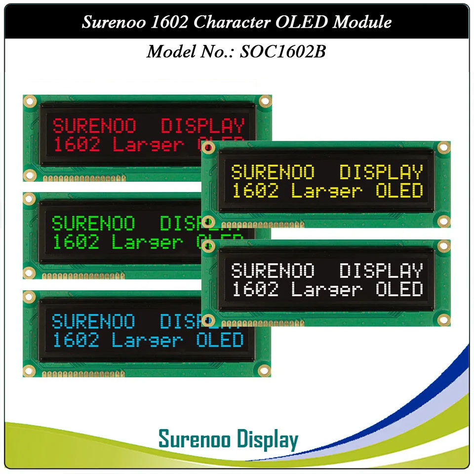 Surenoo OLED Module SOC1602B Outline=122.00X44.00MM Compatible Standard 1602 16*02 16X02 Character LCD Module Display Screen Panel 6800 4/8-bit Parallel Serial SPI IIC I2C PCF8574T WS0010 Controller