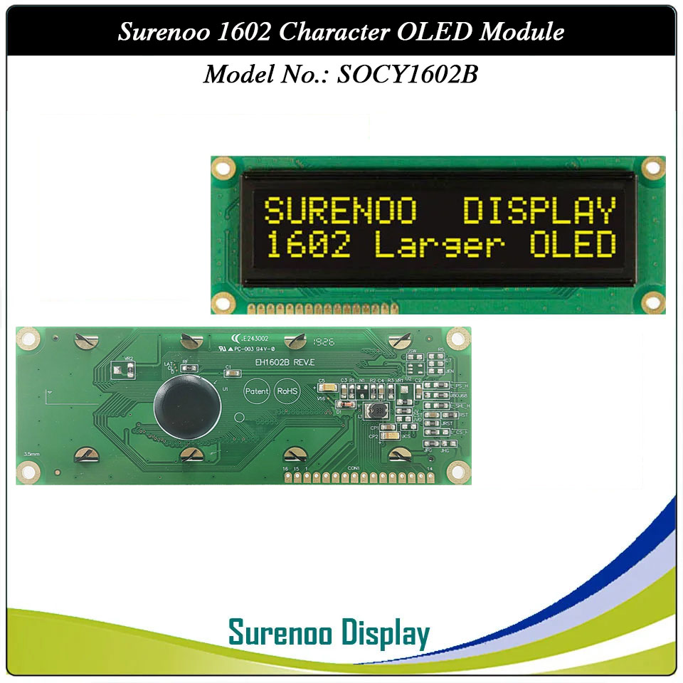 Surenoo OLED Module SOC1602B Outline=122.00X44.00MM Compatible Standard 1602 16*02 16X02 Character LCD Module Display Screen Panel 6800 4/8-bit Parallel Serial SPI IIC I2C PCF8574T WS0010 Controller