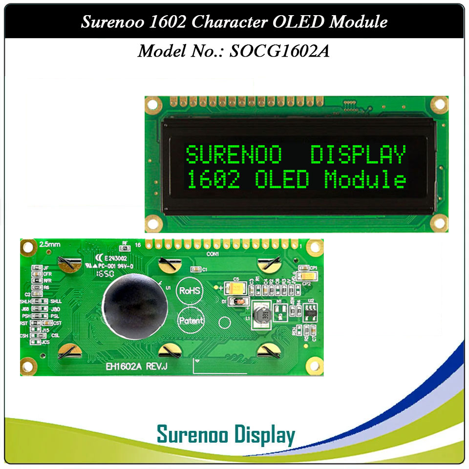 Surenoo OLED Module SOC1602A Outline=80.00X36.00MM Compatible Standard 1602 16*02 16X02 Character LCD Module Display Screen Panel 6800 4/8-bit Parallel Serial SPI IIC I2C PCF8574T WS0010 Controller