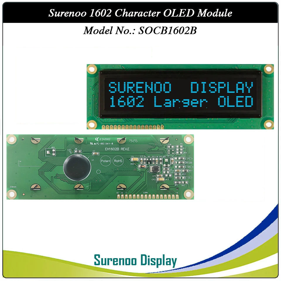 Surenoo OLED Module SOC1602B Outline=122.00X44.00MM Compatible Standard 1602 16*02 16X02 Character LCD Module Display Screen Panel 6800 4/8-bit Parallel Serial SPI IIC I2C PCF8574T WS0010 Controller