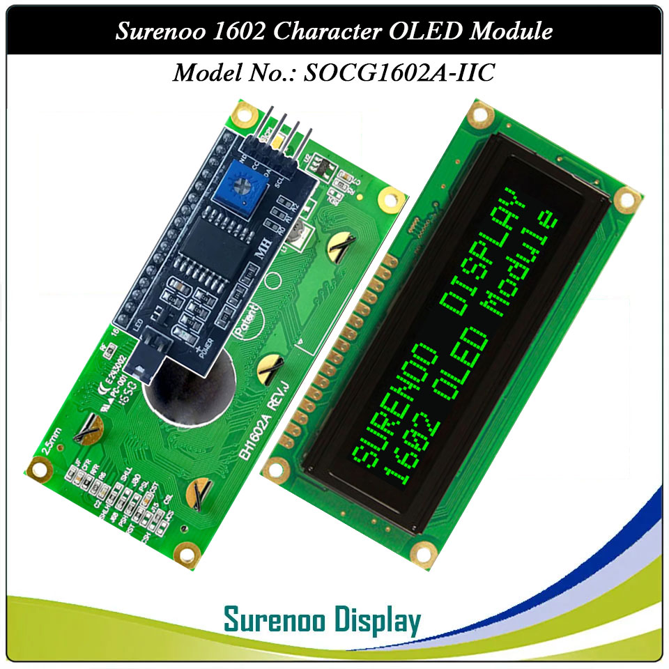 Surenoo OLED Module SOC1602A Outline=80.00X36.00MM Compatible Standard 1602 16*02 16X02 Character LCD Module Display Screen Panel 6800 4/8-bit Parallel Serial SPI IIC I2C PCF8574T WS0010 Controller