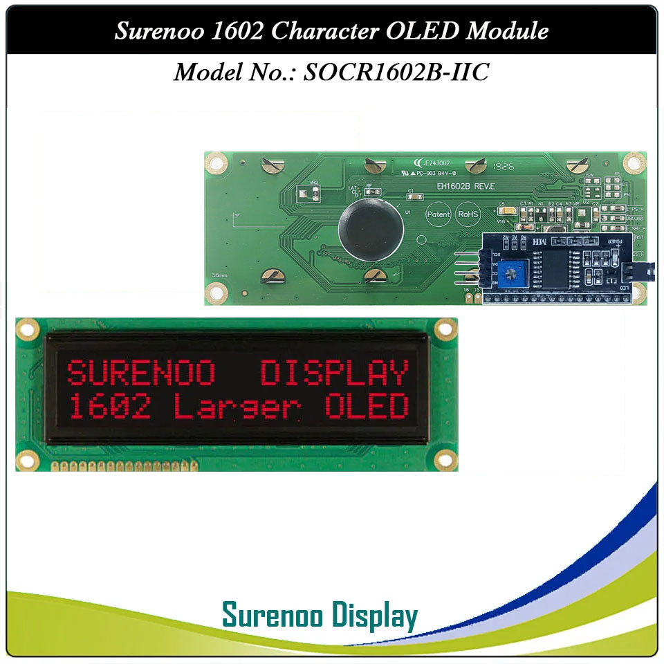 Surenoo OLED Module SOC1602B Outline=122.00X44.00MM Compatible Standard 1602 16*02 16X02 Character LCD Module Display Screen Panel 6800 4/8-bit Parallel Serial SPI IIC I2C PCF8574T WS0010 Controller