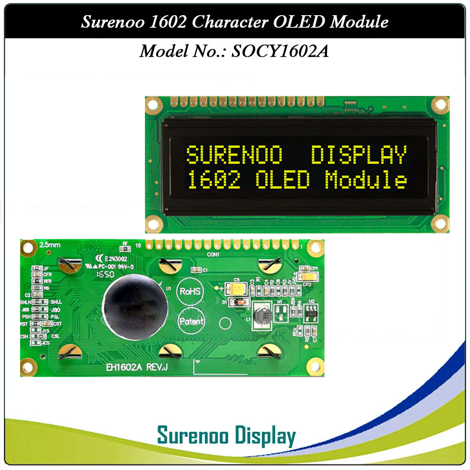 Surenoo OLED Module SOC1602A Outline=80.00X36.00MM Compatible Standard 1602 16*02 16X02 Character LCD Module Display Screen Panel 6800 4/8-bit Parallel Serial SPI IIC I2C PCF8574T WS0010 Controller