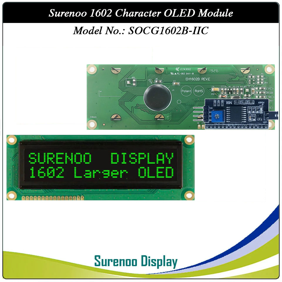 Surenoo OLED Module SOC1602B Outline=122.00X44.00MM Compatible Standard 1602 16*02 16X02 Character LCD Module Display Screen Panel 6800 4/8-bit Parallel Serial SPI IIC I2C PCF8574T WS0010 Controller