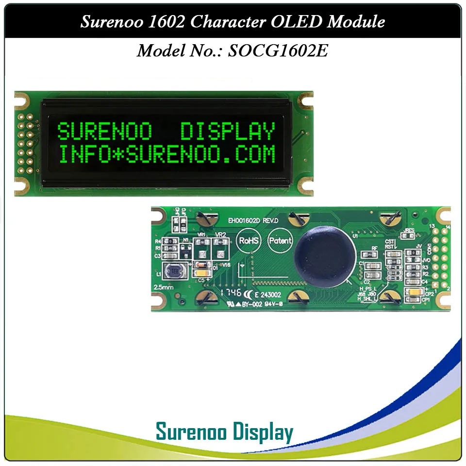 Surenoo OLED Module SOC1602E Outline=85.00X30.00MM Compatible Standard 1602 16*02 16X02 Character LCD Module Display Screen Panel 6800 4/8-bit Parallel Serial SPI IIC I2C PCF8574T WS0010 Controller