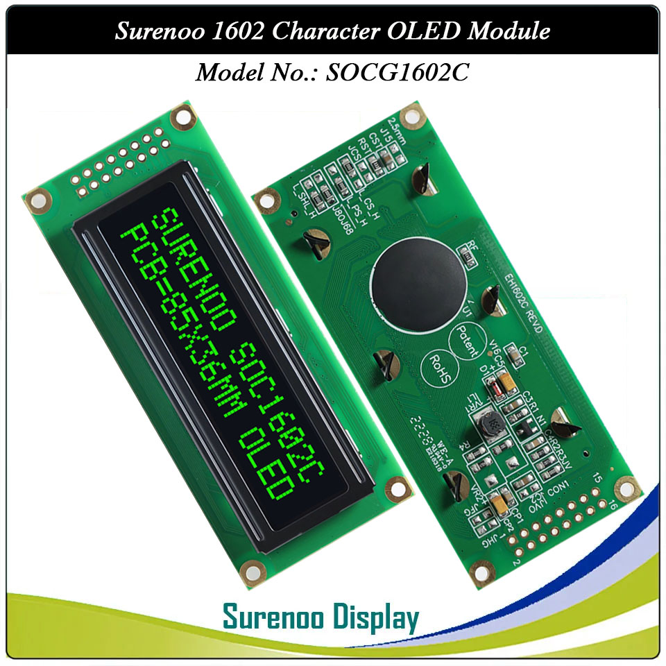 Surenoo OLED Module SOC1602C Outline=85.00X36.00MM Compatible Standard 1602 16*02 16X02 Character LCD Module Display Screen Panel 6800 4/8-bit Parallel Serial SPI IIC I2C PCF8574T WS0010 Controller