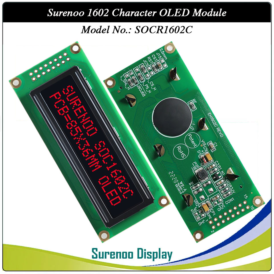 Surenoo OLED Module SOC1602C Outline=85.00X36.00MM Compatible Standard 1602 16*02 16X02 Character LCD Module Display Screen Panel 6800 4/8-bit Parallel Serial SPI IIC I2C PCF8574T WS0010 Controller