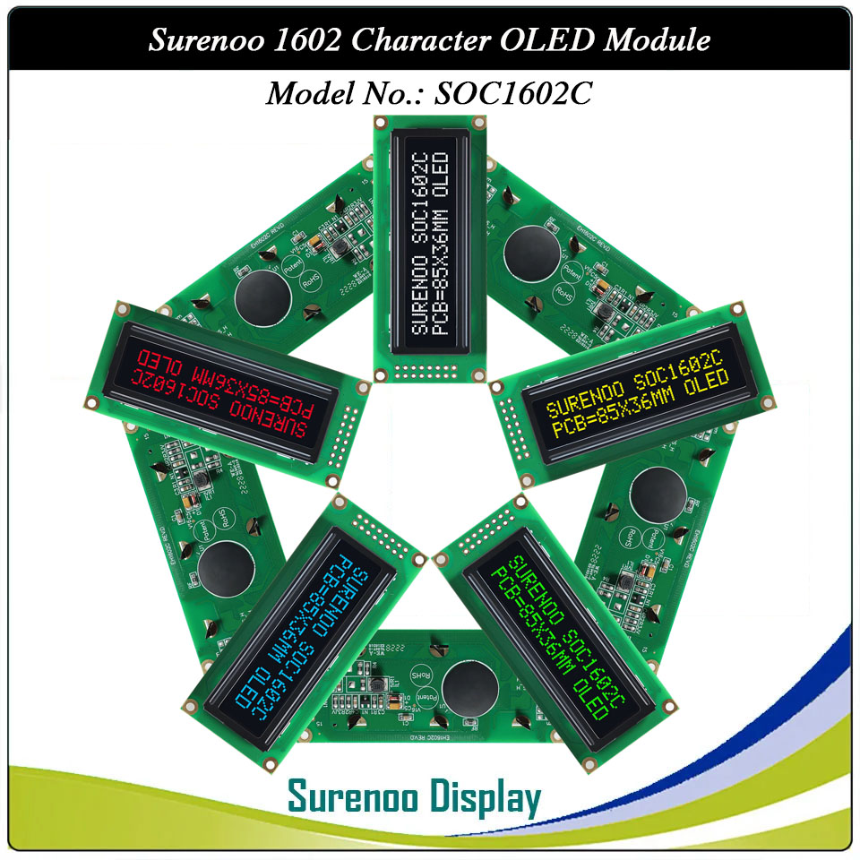 Surenoo OLED Module SOC1602C Outline=85.00X36.00MM Compatible Standard 1602 16*02 16X02 Character LCD Module Display Screen Panel 6800 4/8-bit Parallel Serial SPI IIC I2C PCF8574T WS0010 Controller