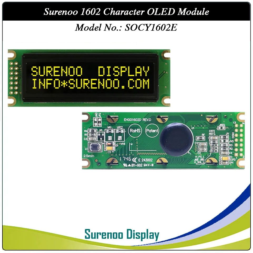 Surenoo OLED Module SOC1602E Outline=85.00X30.00MM Compatible Standard 1602 16*02 16X02 Character LCD Module Display Screen Panel 6800 4/8-bit Parallel Serial SPI IIC I2C PCF8574T WS0010 Controller