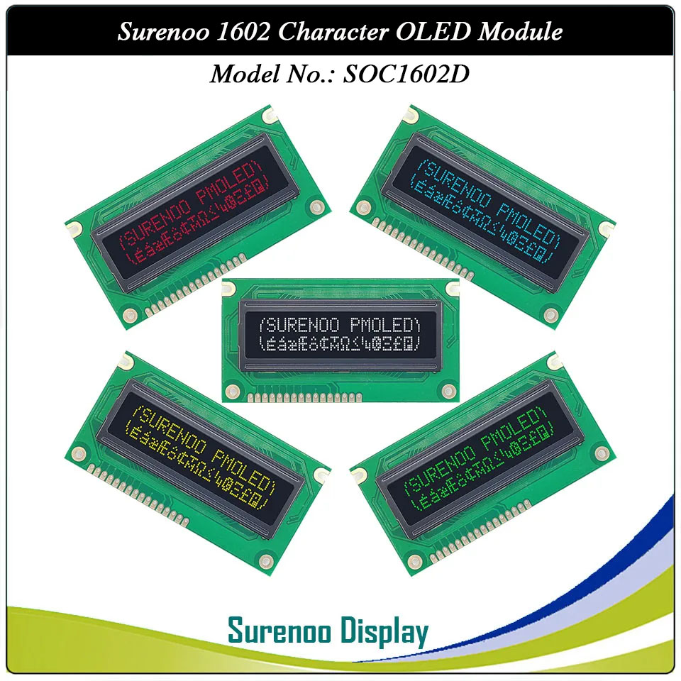Surenoo OLED Module SOC1602D Outline=84.00X44.00MM Compatible Standard 1602 16*02 16X02 Character LCD Module Display Screen Panel 6800 4/8-bit Parallel Serial SPI IIC I2C PCF8574T WS0010 Controller