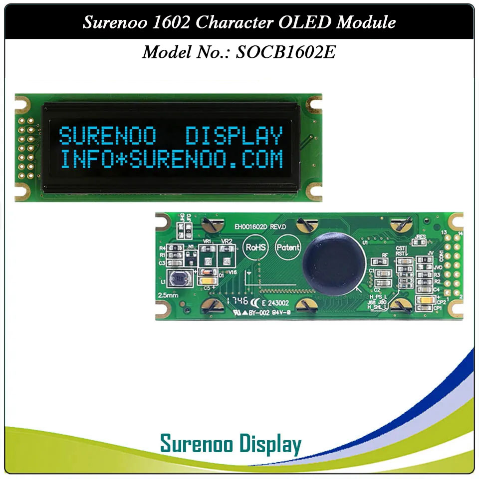 Surenoo OLED Module SOC1602E Outline=85.00X30.00MM Compatible Standard 1602 16*02 16X02 Character LCD Module Display Screen Panel 6800 4/8-bit Parallel Serial SPI IIC I2C PCF8574T WS0010 Controller