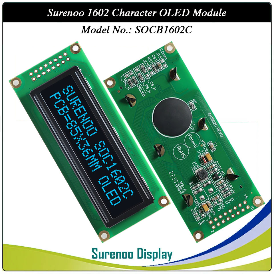 Surenoo OLED Module SOC1602C Outline=85.00X36.00MM Compatible Standard 1602 16*02 16X02 Character LCD Module Display Screen Panel 6800 4/8-bit Parallel Serial SPI IIC I2C PCF8574T WS0010 Controller