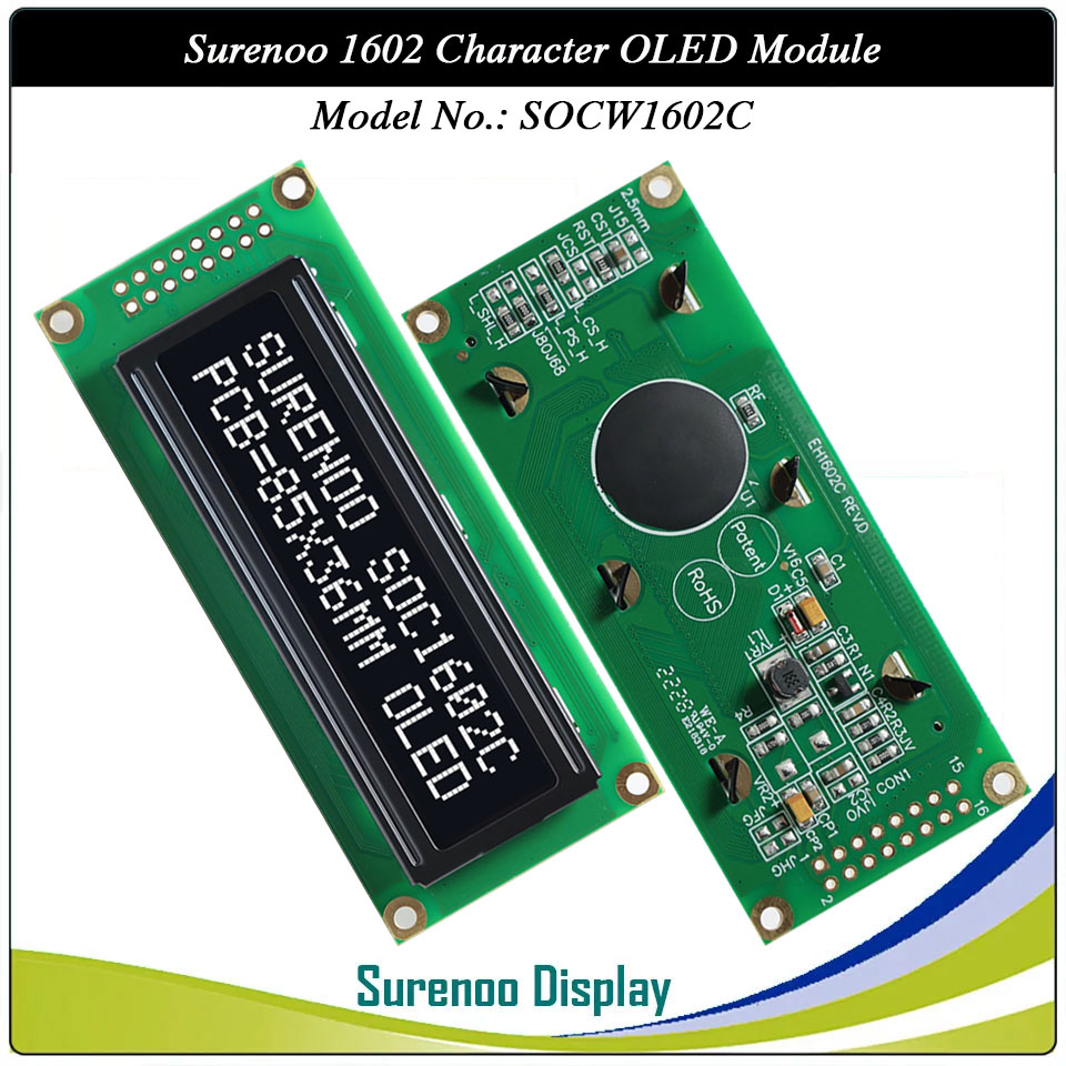 Surenoo OLED Module SOC1602C Outline=85.00X36.00MM Compatible Standard 1602 16*02 16X02 Character LCD Module Display Screen Panel 6800 4/8-bit Parallel Serial SPI IIC I2C PCF8574T WS0010 Controller