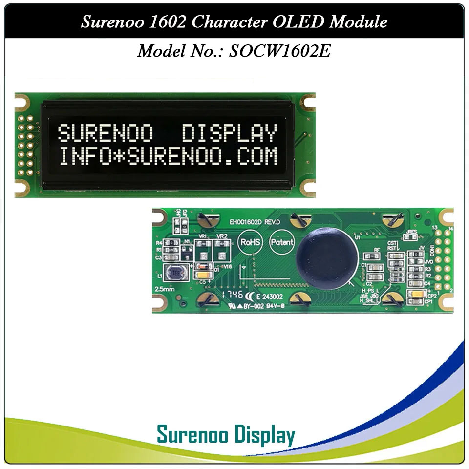Surenoo OLED Module SOC1602E Outline=85.00X30.00MM Compatible Standard 1602 16*02 16X02 Character LCD Module Display Screen Panel 6800 4/8-bit Parallel Serial SPI IIC I2C PCF8574T WS0010 Controller