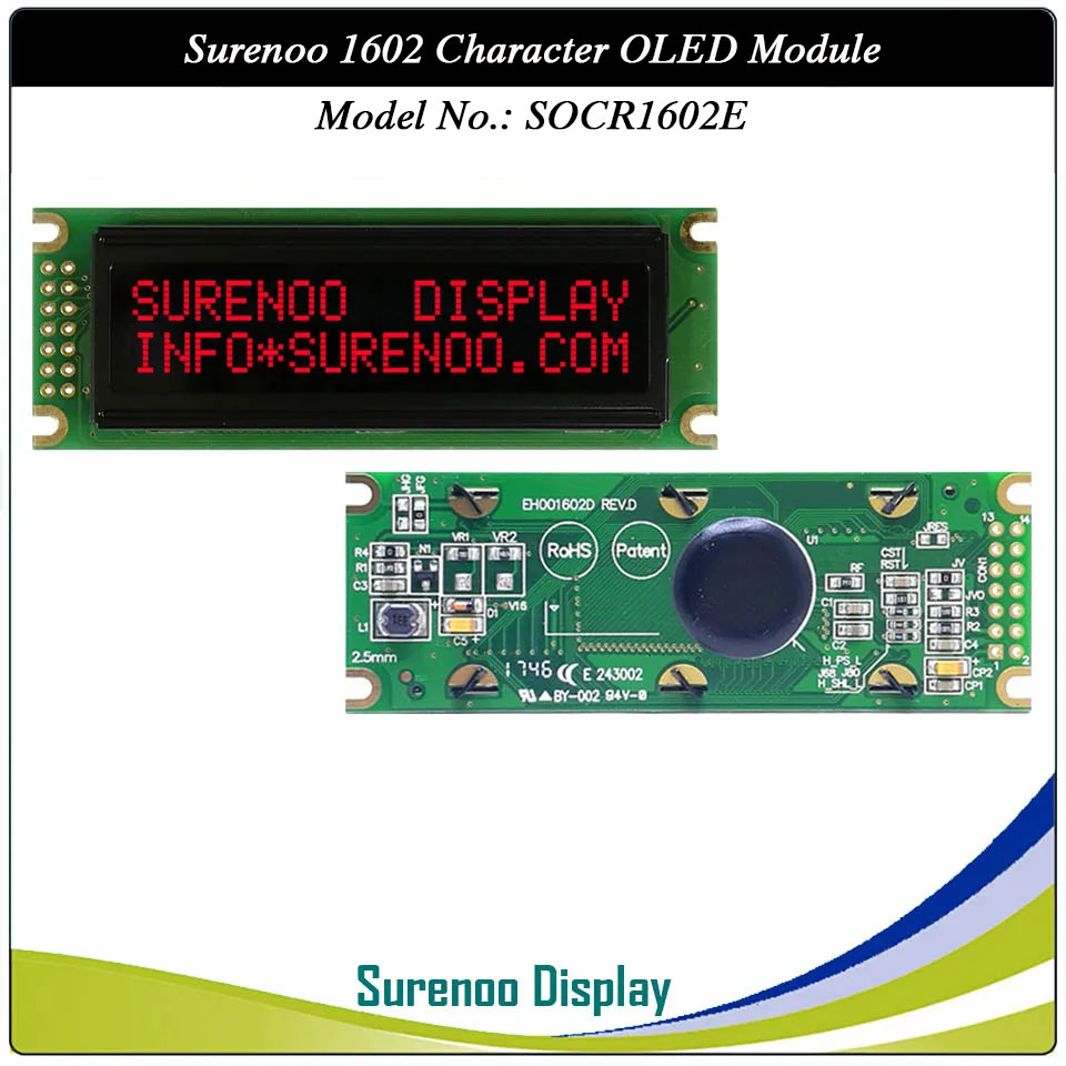 Surenoo OLED Module SOC1602E Outline=85.00X30.00MM Compatible Standard 1602 16*02 16X02 Character LCD Module Display Screen Panel 6800 4/8-bit Parallel Serial SPI IIC I2C PCF8574T WS0010 Controller