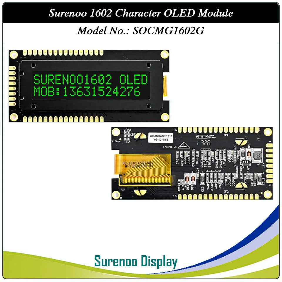 Surenoo COG OLED Module SOC1602G Outline=80.00X36.00MM Compatible Standard 1602 16*02 16X02 Character LCD Module Display Screen Panel 6800 4/8-Bit Parallel Serial SPI IIC I2C SSD1311 US2066 Controller