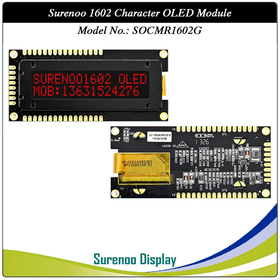 Surenoo COG OLED Module SOC1602G Outline=80.00X36.00MM Compatible Standard 1602 16*02 16X02 Character LCD Module Display Screen Panel 6800 4/8-Bit Parallel Serial SPI IIC I2C SSD1311 US2066 Controller