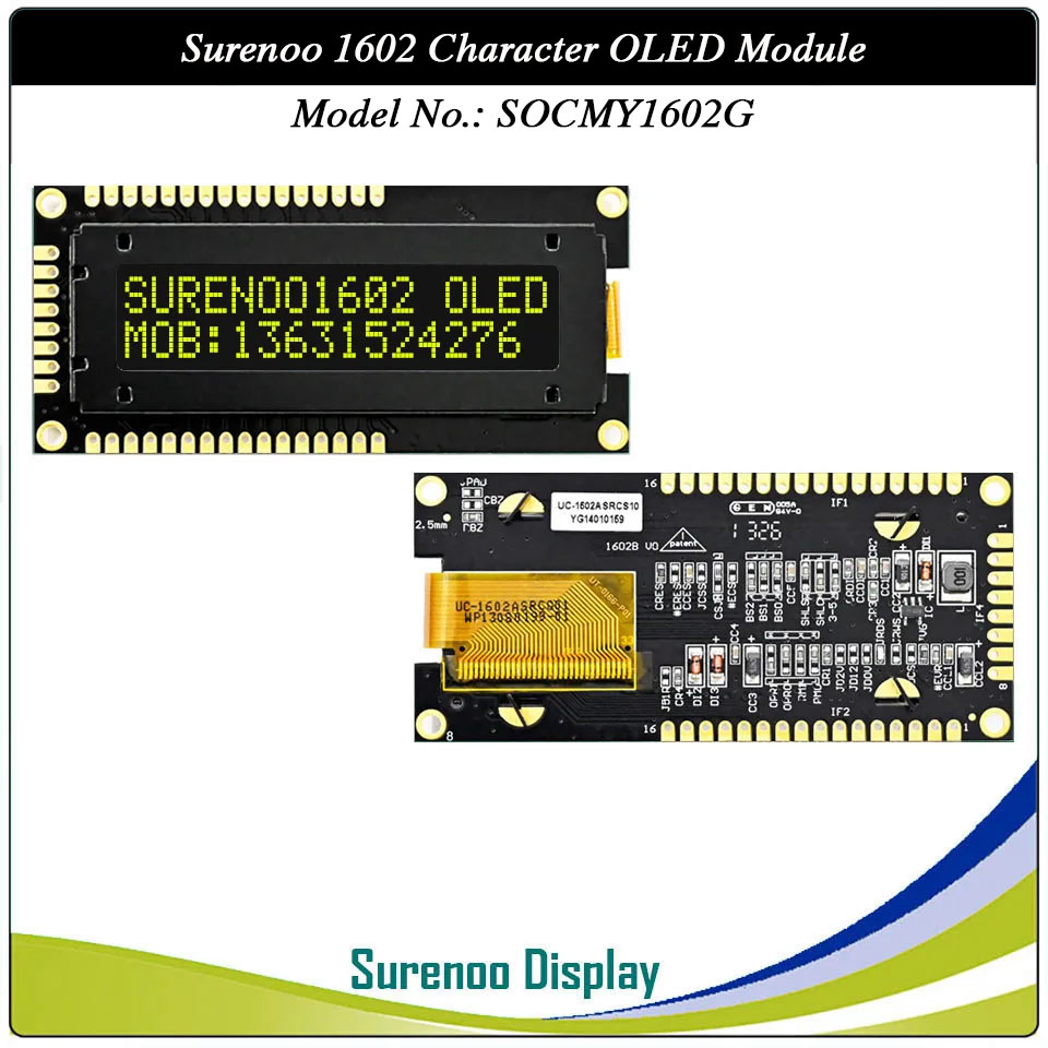 Surenoo COG OLED Module SOC1602G Outline=80.00X36.00MM Compatible Standard 1602 16*02 16X02 Character LCD Module Display Screen Panel 6800 4/8-Bit Parallel Serial SPI IIC I2C SSD1311 US2066 Controller