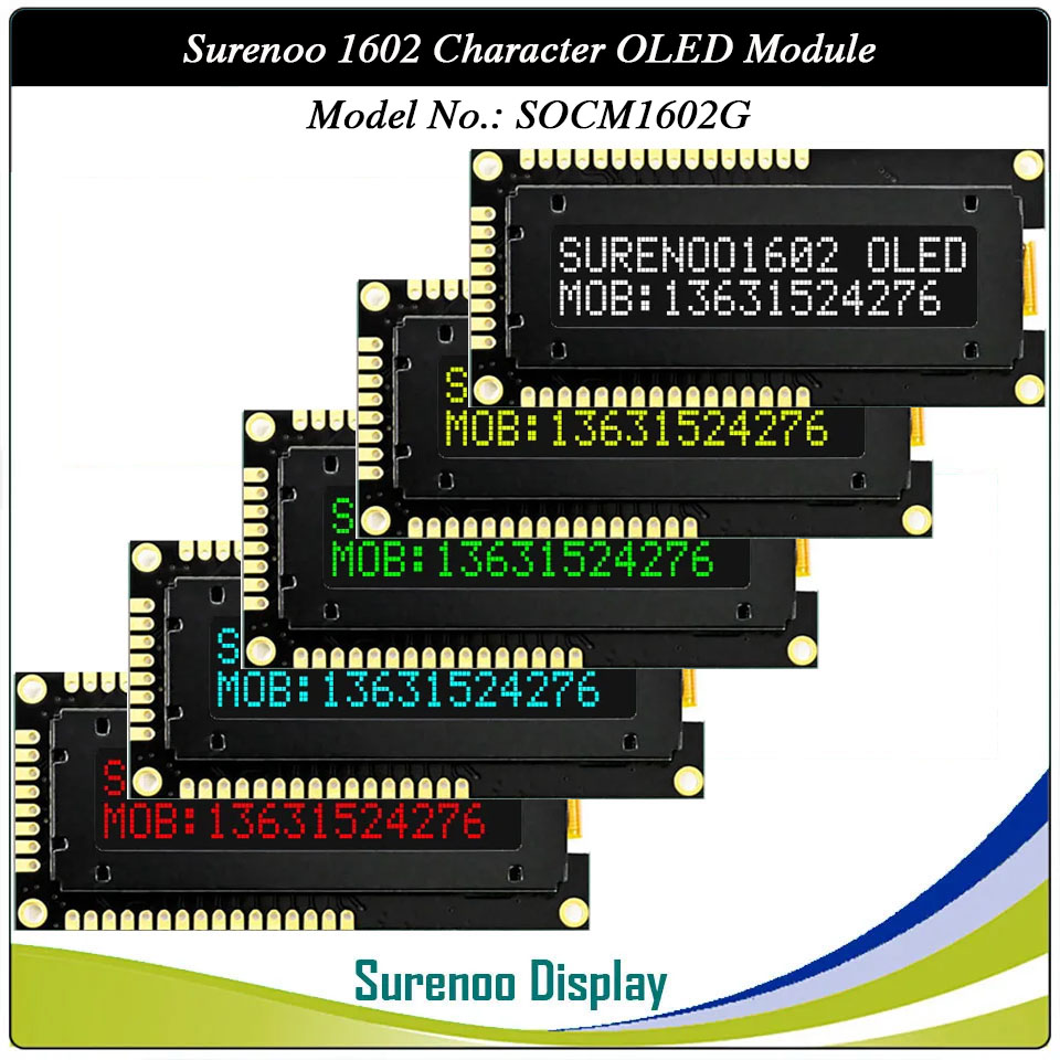 Surenoo COG OLED Module SOC1602G Outline=80.00X36.00MM Compatible Standard 1602 16*02 16X02 Character LCD Module Display Screen Panel 6800 4/8-Bit Parallel Serial SPI IIC I2C SSD1311 US2066 Controller