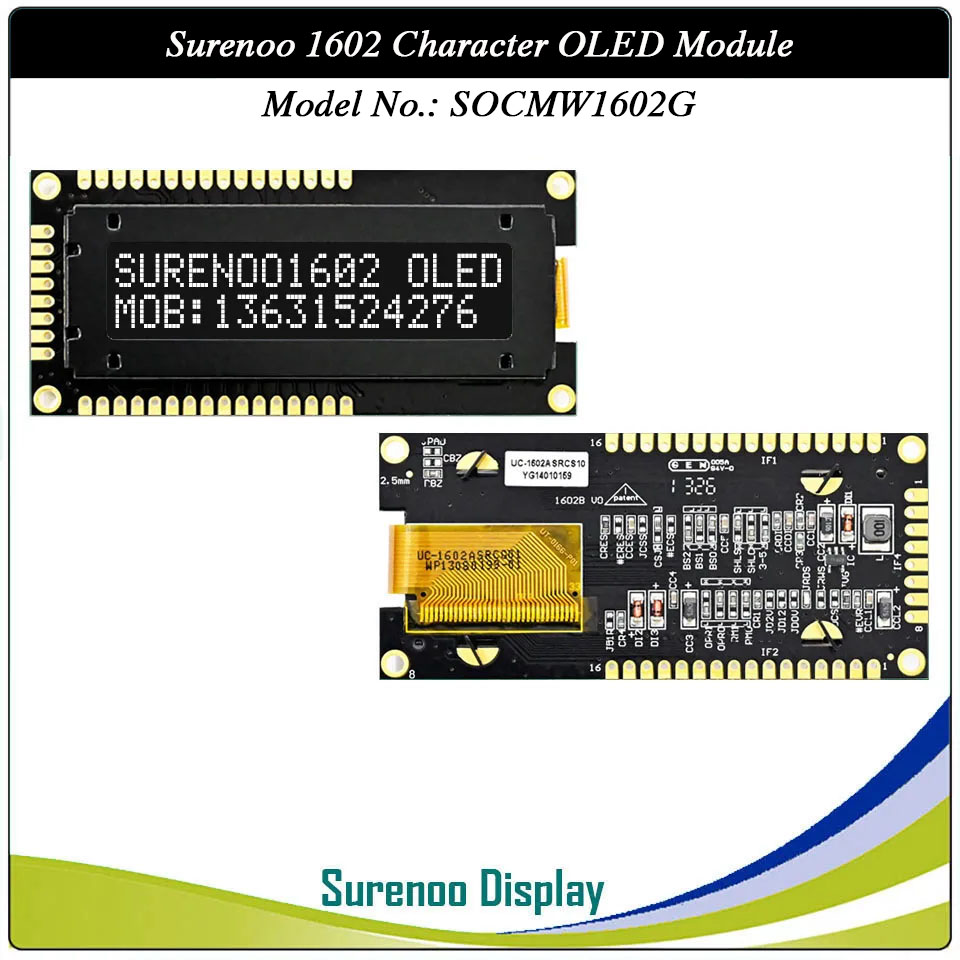 Surenoo COG OLED Module SOC1602G Outline=80.00X36.00MM Compatible Standard 1602 16*02 16X02 Character LCD Module Display Screen Panel 6800 4/8-Bit Parallel Serial SPI IIC I2C SSD1311 US2066 Controller