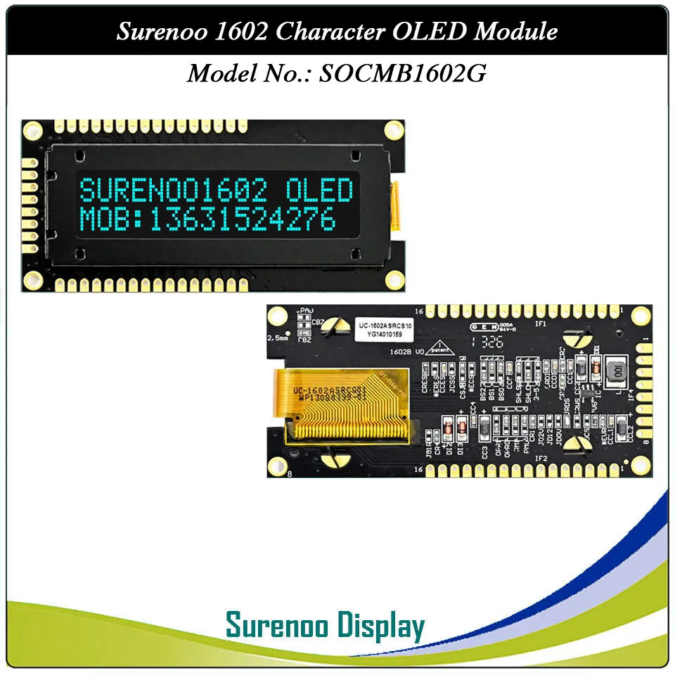 Surenoo COG OLED Module SOC1602G Outline=80.00X36.00MM Compatible Standard 1602 16*02 16X02 Character LCD Module Display Screen Panel 6800 4/8-Bit Parallel Serial SPI IIC I2C SSD1311 US2066 Controller