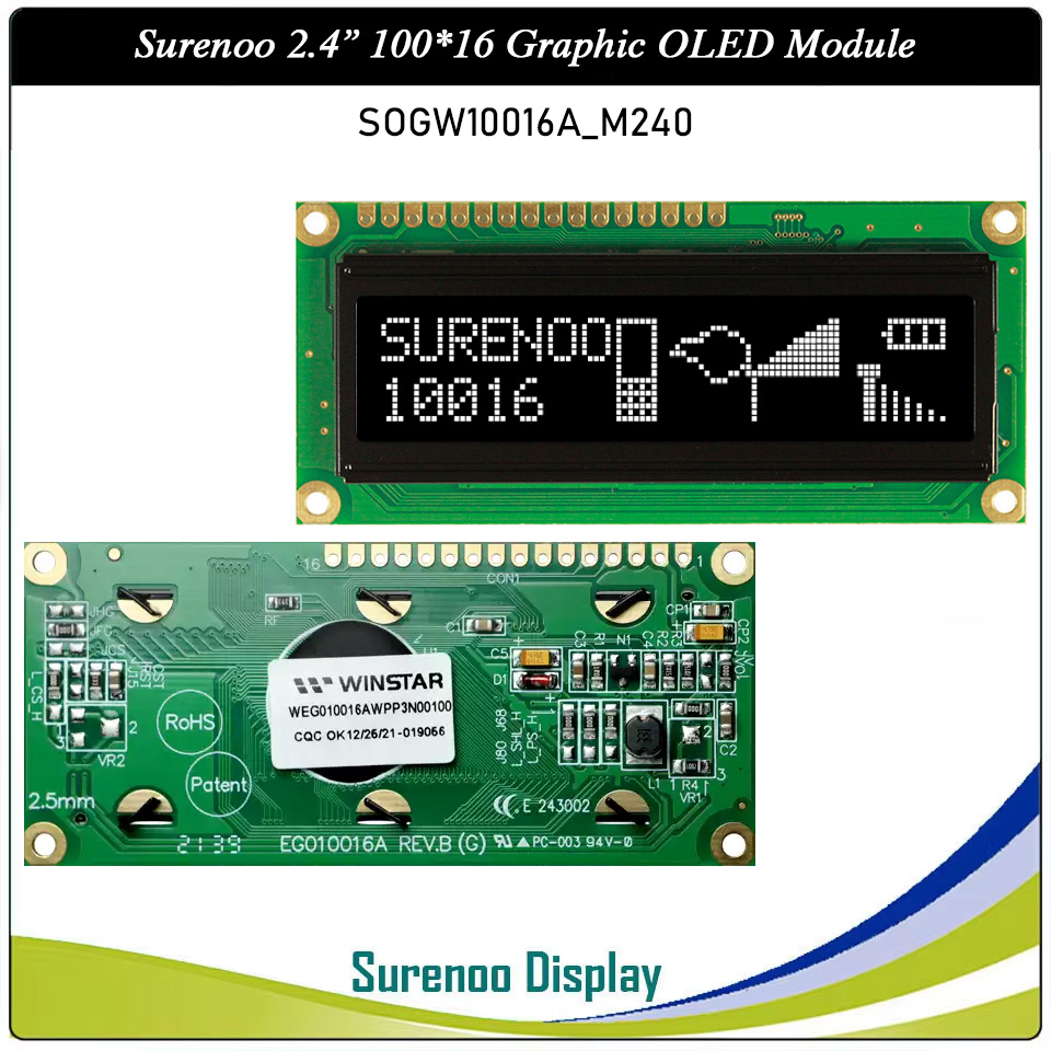 Surenoo OLED Module SOG10016A_M240 Outline=80.00X36.00MM Compatible Standard 1602 16*02 16X02 10016 100*16 100X16 Graphic LCD Module Display Screen Panel 6800 4/8-bit Parallel Serial SPI WS0010 Controller