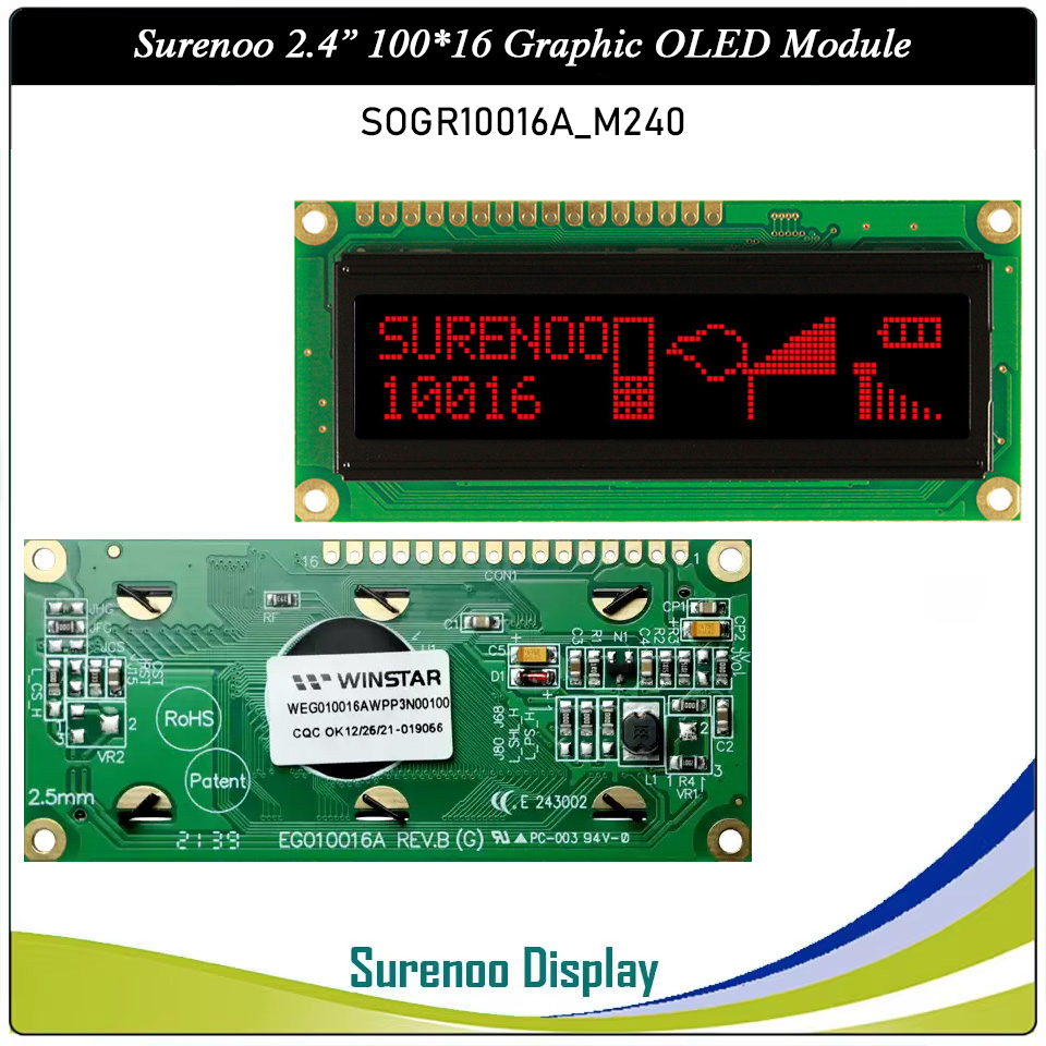 Surenoo OLED Module SOG10016A_M240 Outline=80.00X36.00MM Compatible Standard 1602 16*02 16X02 10016 100*16 100X16 Graphic LCD Module Display Screen Panel 6800 4/8-bit Parallel Serial SPI WS0010 Controller