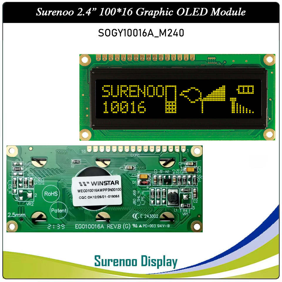 Surenoo OLED Module SOG10016A_M240 Outline=80.00X36.00MM Compatible Standard 1602 16*02 16X02 10016 100*16 100X16 Graphic LCD Module Display Screen Panel 6800 4/8-bit Parallel Serial SPI WS0010 Controller