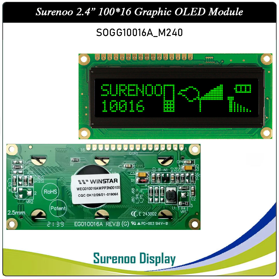 Surenoo OLED Module SOG10016A_M240 Outline=80.00X36.00MM Compatible Standard 1602 16*02 16X02 10016 100*16 100X16 Graphic LCD Module Display Screen Panel 6800 4/8-bit Parallel Serial SPI WS0010 Controller