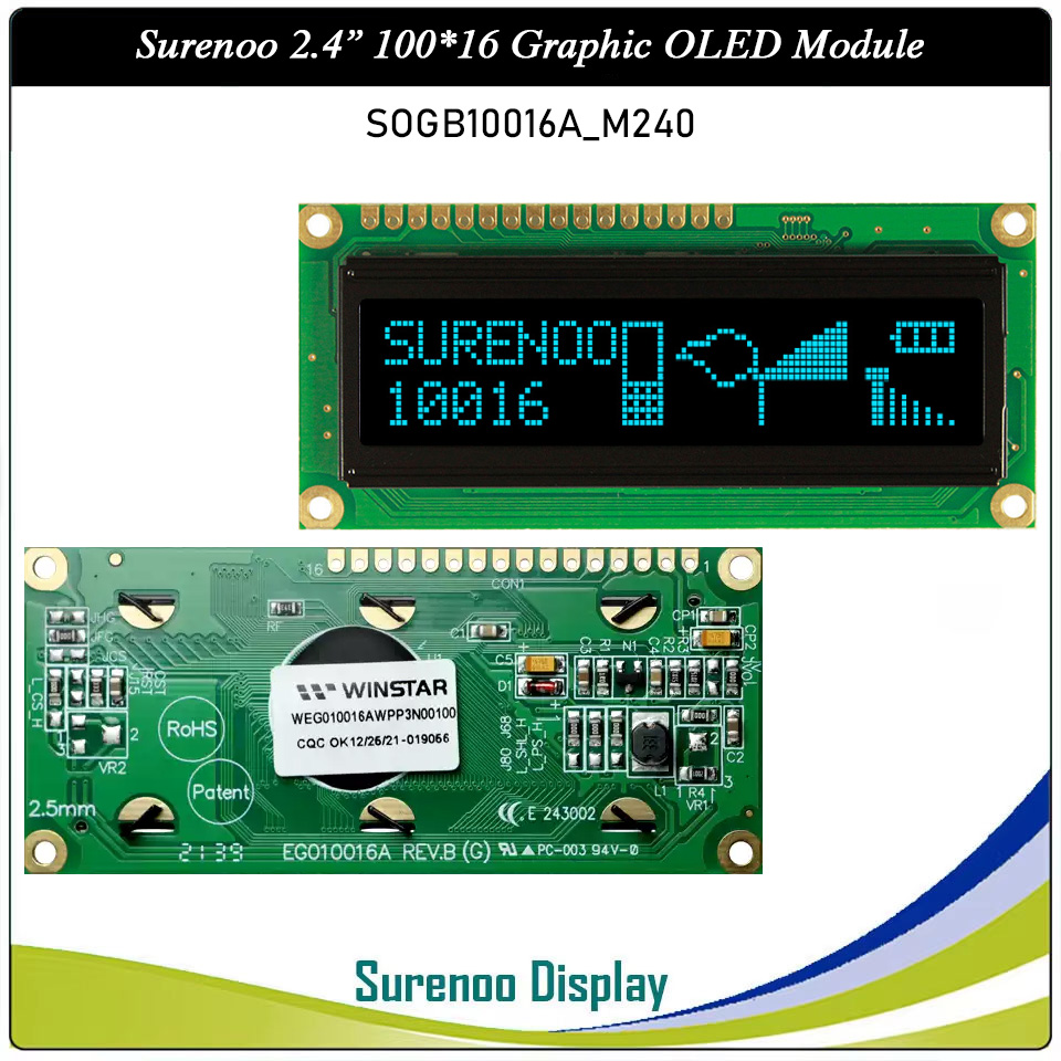 Surenoo OLED Module SOG10016A_M240 Outline=80.00X36.00MM Compatible Standard 1602 16*02 16X02 10016 100*16 100X16 Graphic LCD Module Display Screen Panel 6800 4/8-bit Parallel Serial SPI WS0010 Controller