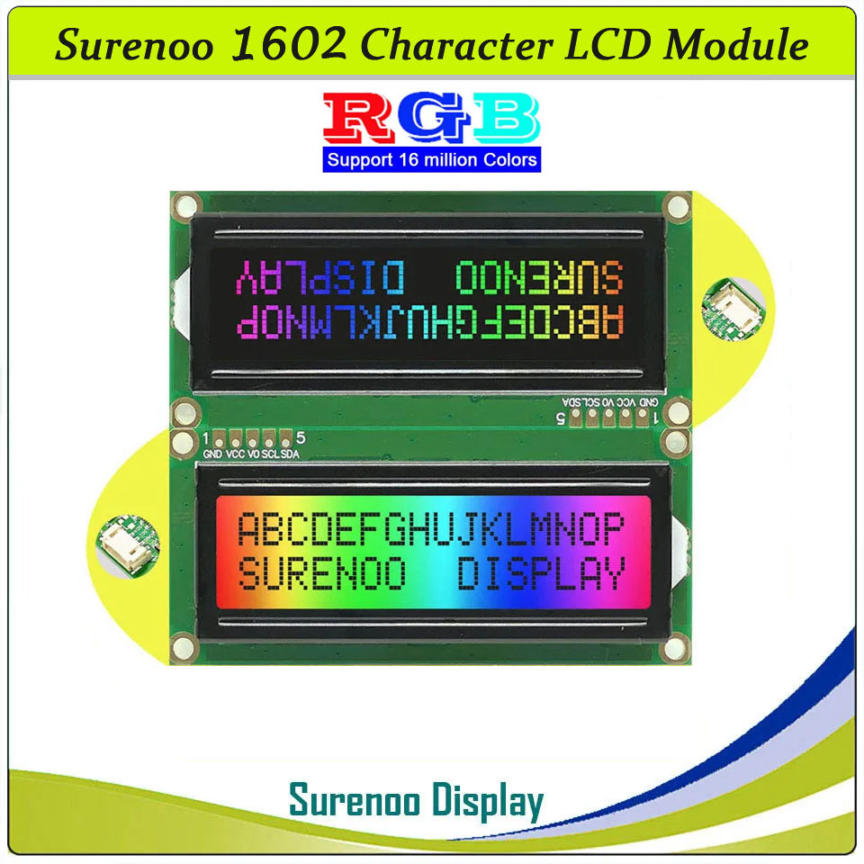 SLC1602O PCB=80.00X36.00 1602 16*2 Surenoo Character LCD Module Display Screen Panel Serial IIC I2C AIP31068 Controller RGB LED Controller SN3193 FSTN Positive D-FSTN Negative with RGB LED Backlight for Arduino UNO Mega2560 Nano RaspBerry Pi