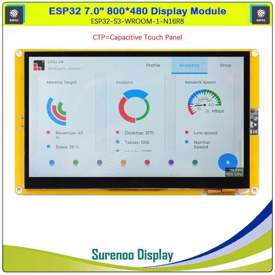 ESP32 Display 7.0-inch 800*480 LCD Display Module Screen ESP32-S3-N16R8 ESP32-S3-WROOM-1 with WIFI and Bluetooth 8M PSRAM 16M FLASH ESP32-8048S070 Development in LVGL, Arduino IDE, ESP IDE, Micropython, Mixly