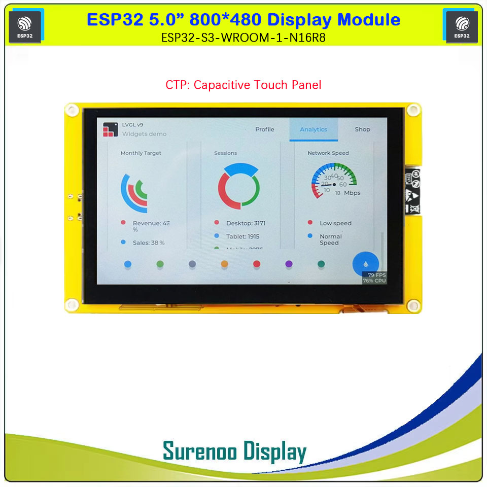 ESP32 Display 5.0-inch 800*480 IPS LCD Display Module Screen ESP32-S3-N16R8 ESP32-S3-WROOM-1 with WIFI and Bluetooth 8M PSRAM 16M FLASH ESP32-8048S050 Development in LVGL, Arduino IDE, ESP IDE, Micropython, Mixly