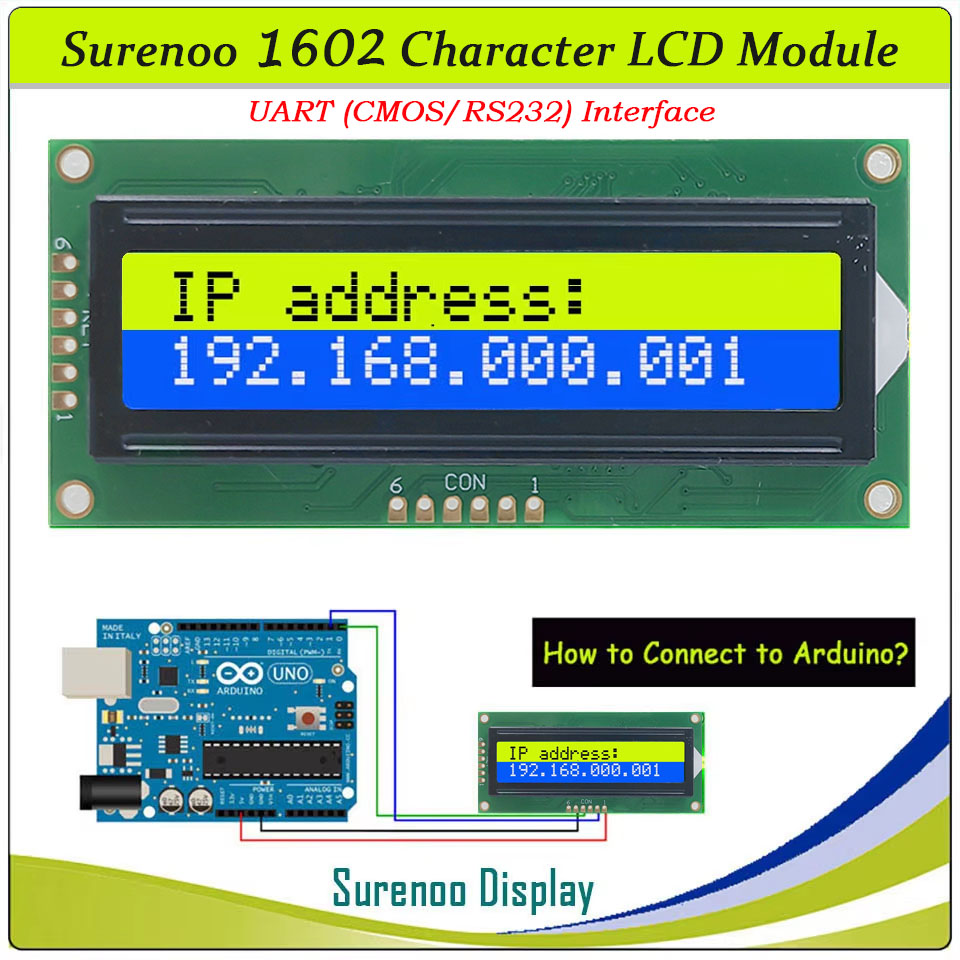 SLC1602F PCB=80.00X36.00MM 1602 16*2 Surenoo Character LCD Module Display Screen Panel Serial UART RS232 / CMOS STN Yellow Green Blue Negative with White LED Backlight For Arduino PLC PC