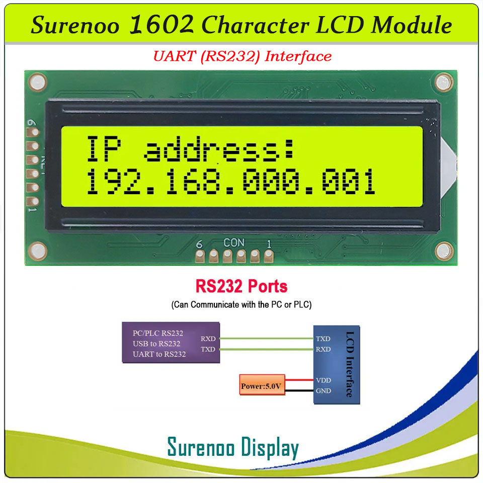 SLC1602F PCB=80.00X36.00MM 1602 16*2 Surenoo Character LCD Module Display Screen Panel Serial UART RS232 / CMOS STN Yellow Green Blue Negative with White LED Backlight For Arduino PLC PC