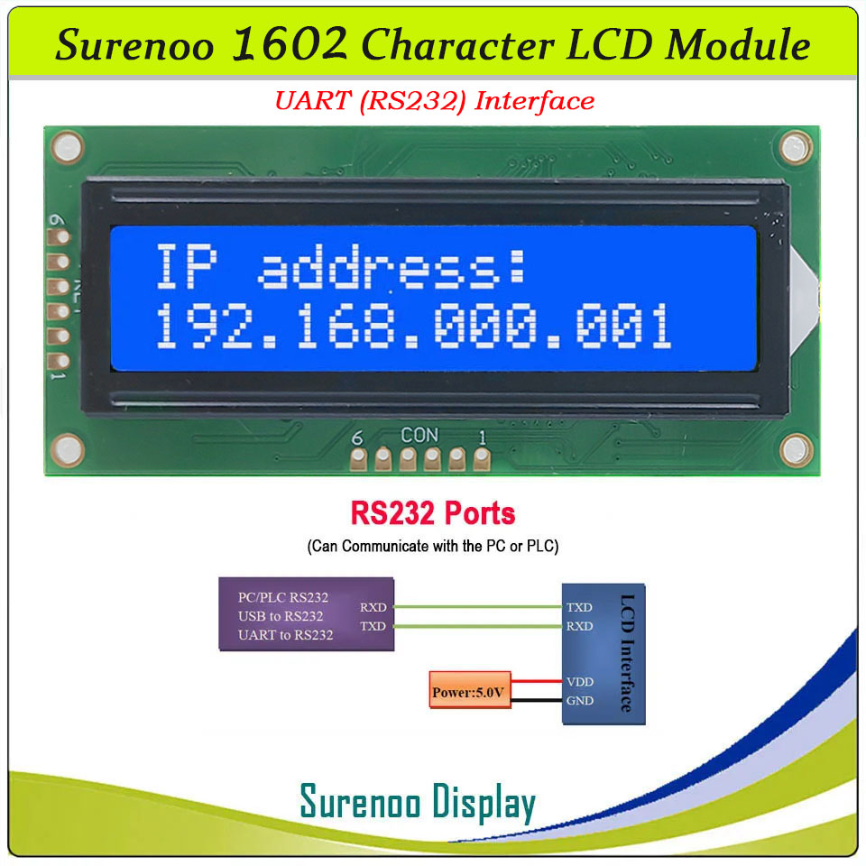 SLC1602F PCB=80.00X36.00MM 1602 16*2 Surenoo Character LCD Module Display Screen Panel Serial UART RS232 / CMOS STN Yellow Green Blue Negative with White LED Backlight For Arduino PLC PC