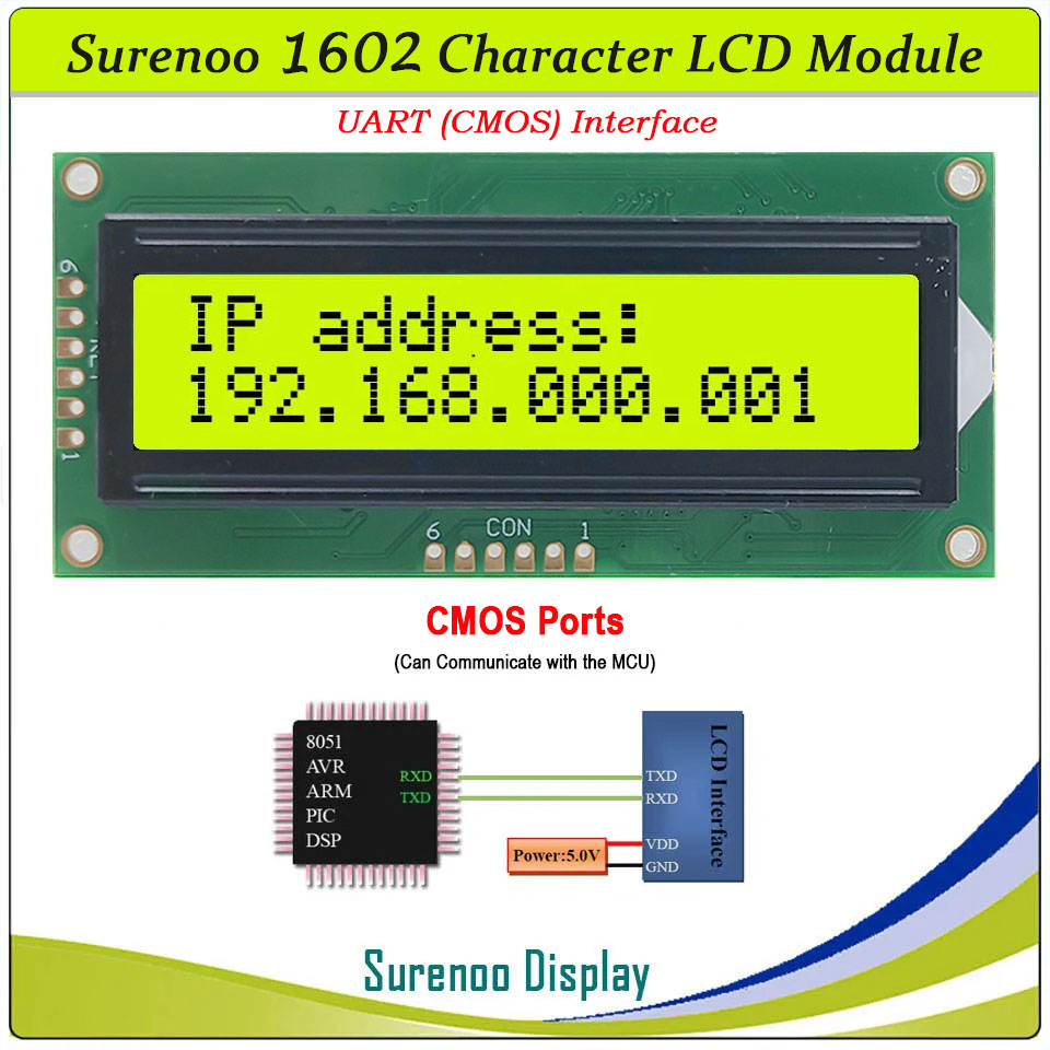 SLC1602F PCB=80.00X36.00MM 1602 16*2 Surenoo Character LCD Module Display Screen Panel Serial UART RS232 / CMOS STN Yellow Green Blue Negative with White LED Backlight For Arduino PLC PC