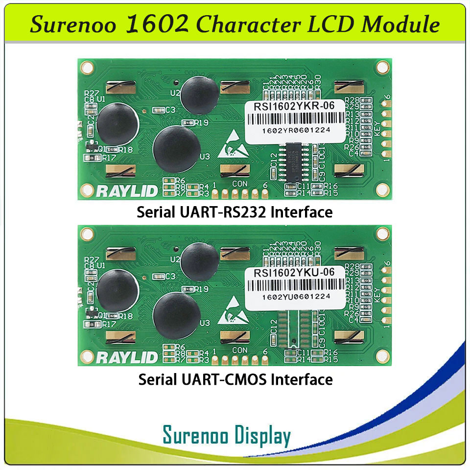 SLC1602F PCB=80.00X36.00MM 1602 16*2 Surenoo Character LCD Module Display Screen Panel Serial UART RS232 / CMOS STN Yellow Green Blue Negative with White LED Backlight For Arduino PLC PC