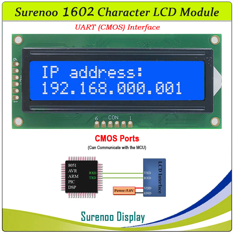 SLC1602F PCB=80.00X36.00MM 1602 16*2 Surenoo Character LCD Module Display Screen Panel Serial UART RS232 / CMOS STN Yellow Green Blue Negative with White LED Backlight For Arduino PLC PC
