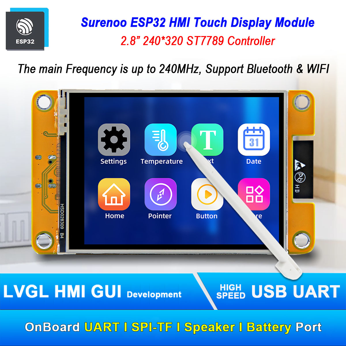 ESP32 Display 2.8-inch 240*320 LCD Display Module Screen ESP32-WROOM-32E with WIFI and Bluetooth 520KB SRAM 4MB FLASH Development in LVGL, Arduino IDE, ESP IDE, Micropython, Mixly