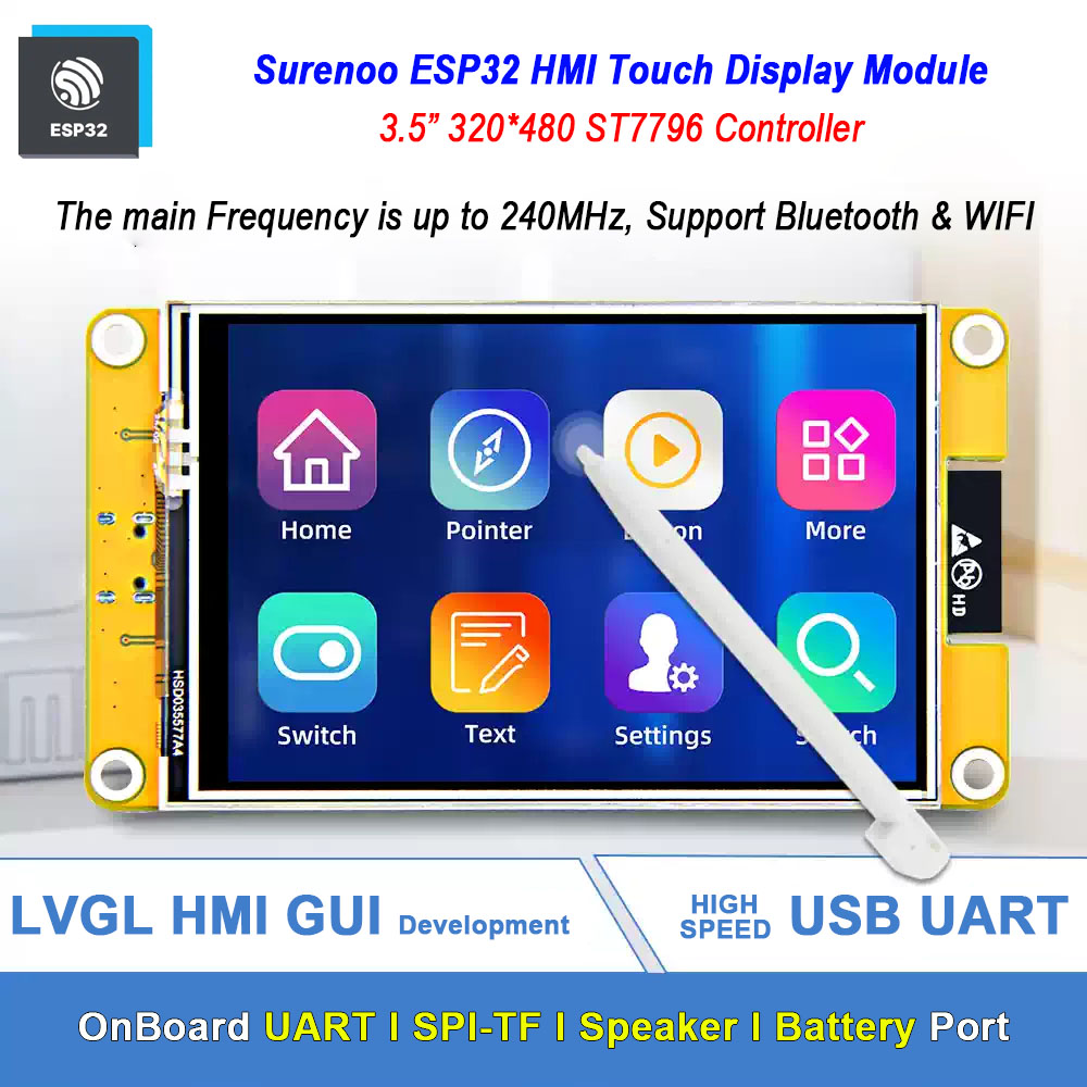 ESP32 Display 3.5-inch 320*480 LCD Display Module Screen ESP32-WROOM-32E with WIFI and Bluetooth 520KB SRAM 4MB FLASH Development in LVGL, Arduino IDE, ESP IDE, Micropython, Mixly