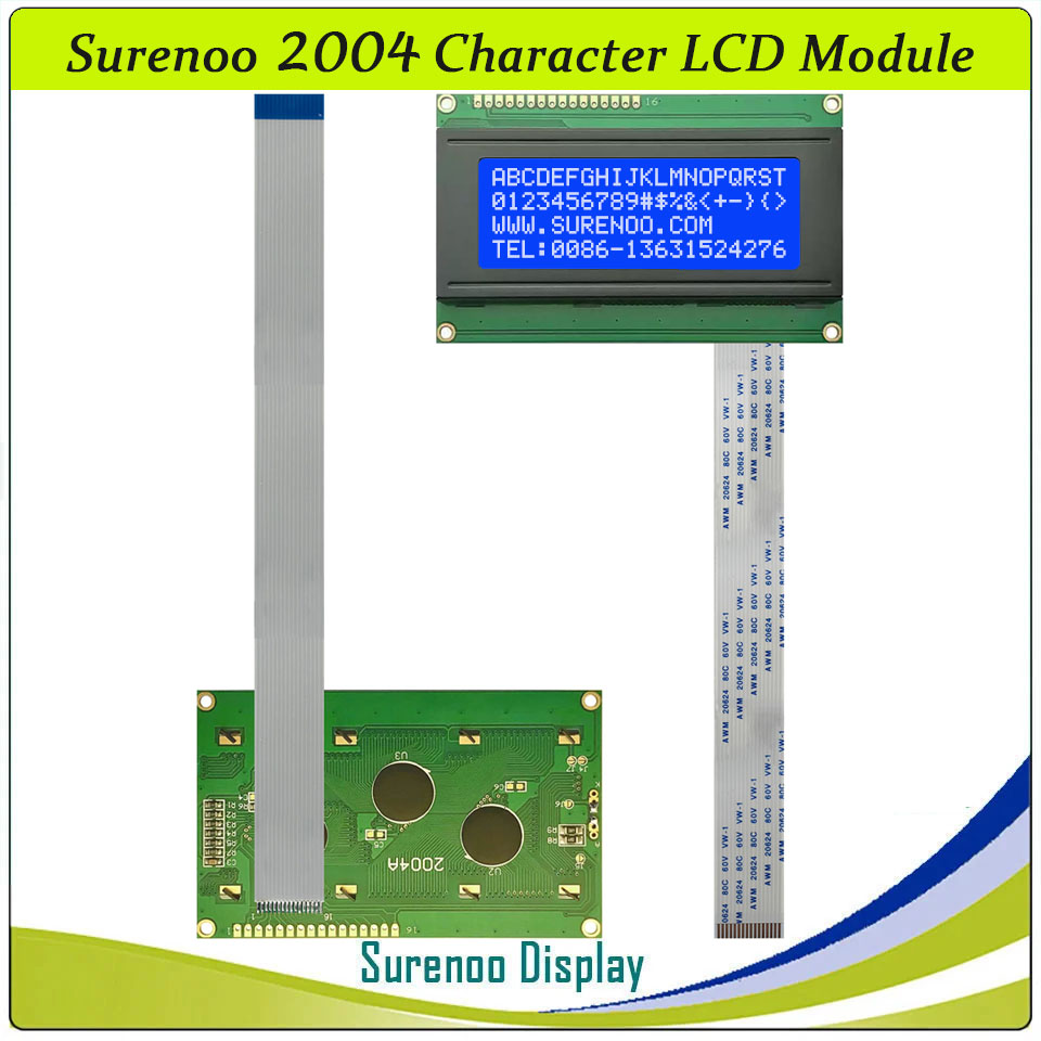 SLC2004A6 PCB=98.00X60.00MM 2004 20*4 Surenoo Character LCD Module Display Screen Panel 6800 4/8-bit Parallel Serial IIC I2C AIP31066 ST7066 Controller STN Yellow Green Blue FSTN Positive LED Backlight with 16P/1.0 FFC FPC